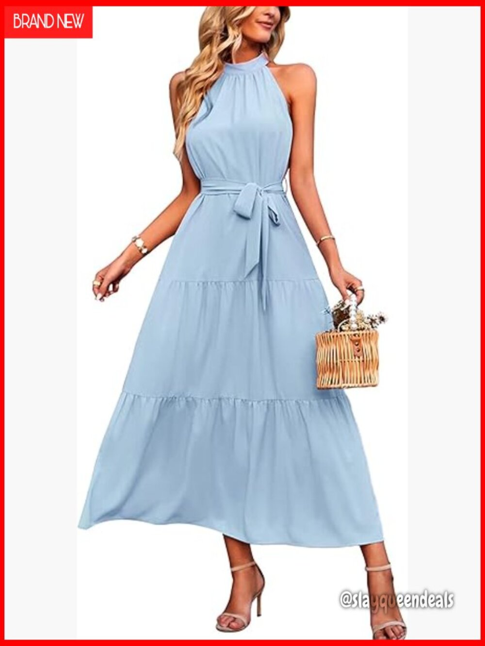 Floral Maxi Dress Sleeveless Halter Ruffle Hem Belted Boho Summer